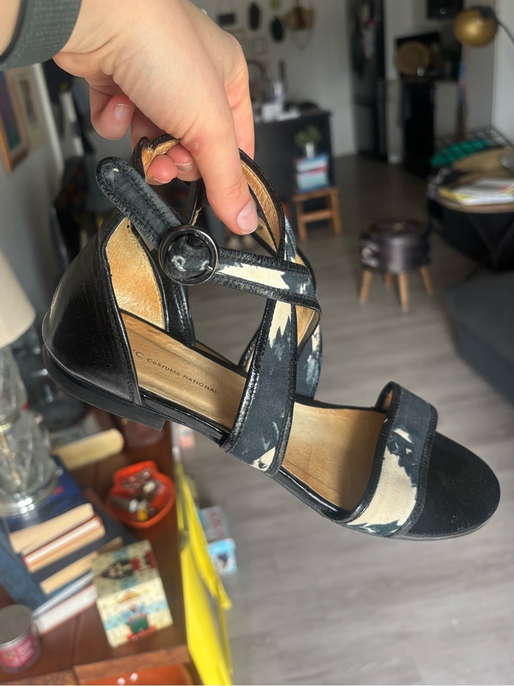 CNC Costume National Leather & Fabric Block Heel Sandals 39 Italy Y2K Navy Ivory